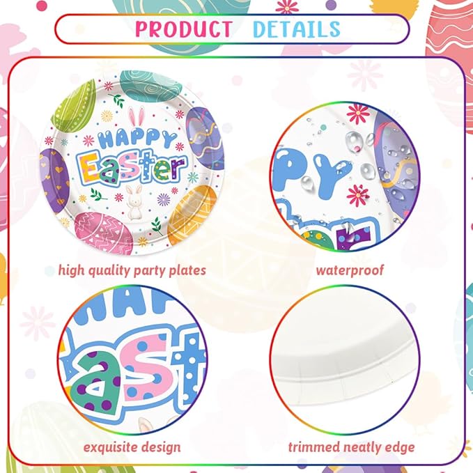 194 Pcs Easter Party Supplies Decorations Happy Easter Party Plates Napkins Decorations Bunny Egg Easter Disposable Tableware Set with Plates Napkins and Tablecloth Serves 24 Guests