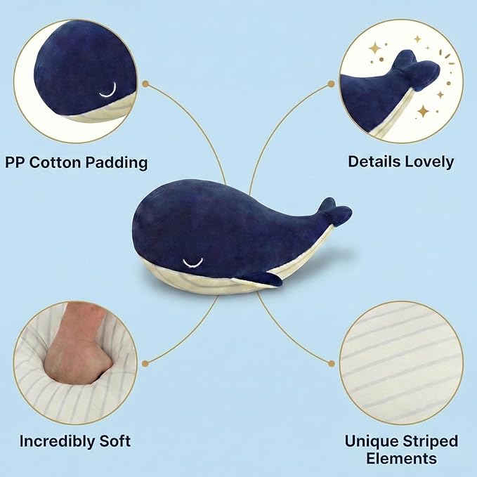 MUPI Whale Stuffed Animals Plush Pillow 4 Size Cute Soft Cotton Plushies Pillows Kawaii Blue Whale Toy Gifts for Kids Boys Girls Adults (Blue, 10 Inch)