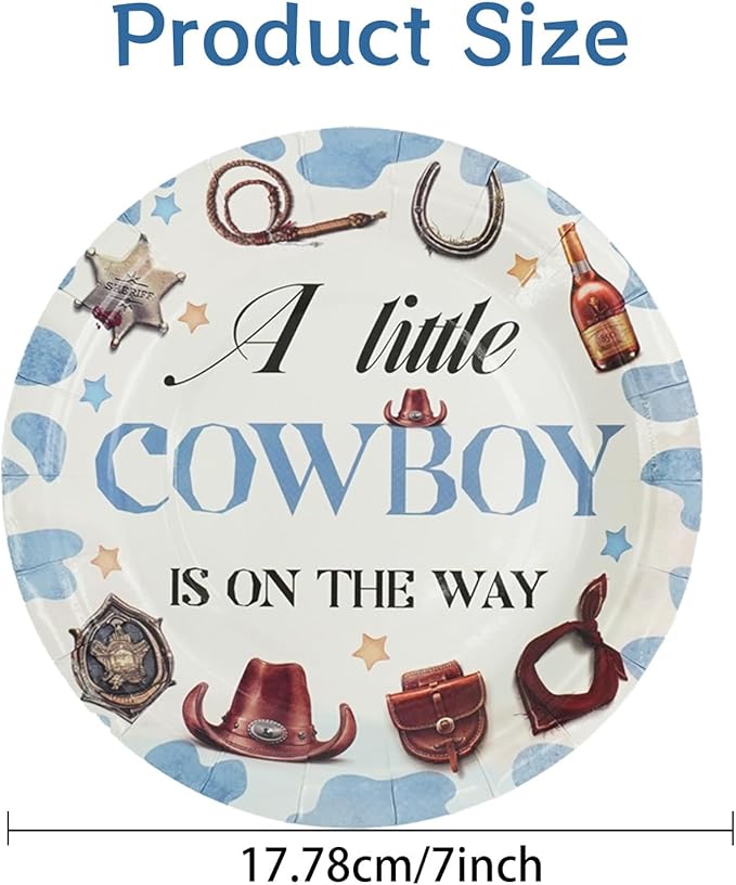 120 Pcs a Little Cowboy Is on The Way Baby Shower Paper Plates Cowboy Disposable Paper Plates Baby Shower Party Supplies for Girl Boy Spring Decoration