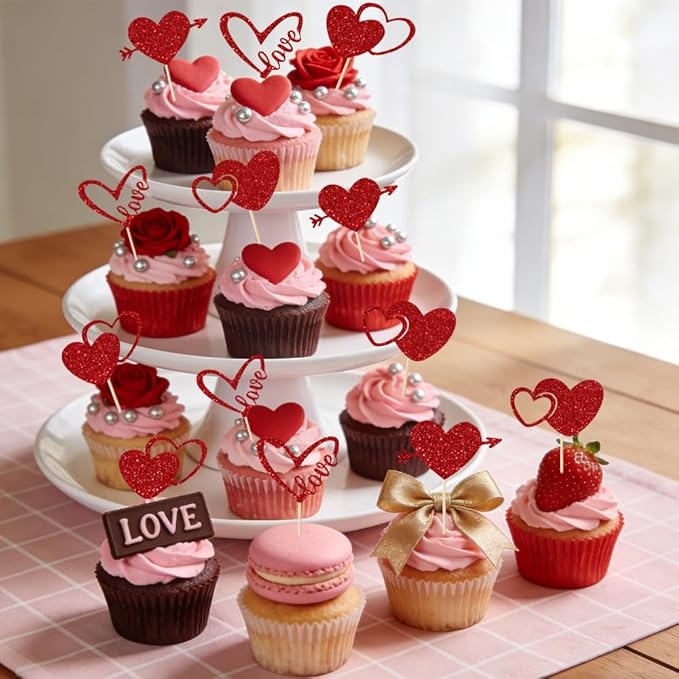 Valentines Cupcake Toppers, 24 PCS Glitter Red Heart Cupcake Picks, Valentines Cake Decorations Heart Love Food Picks Cupcakes Toppers for Valentine's Day Party Decorations Supplies
