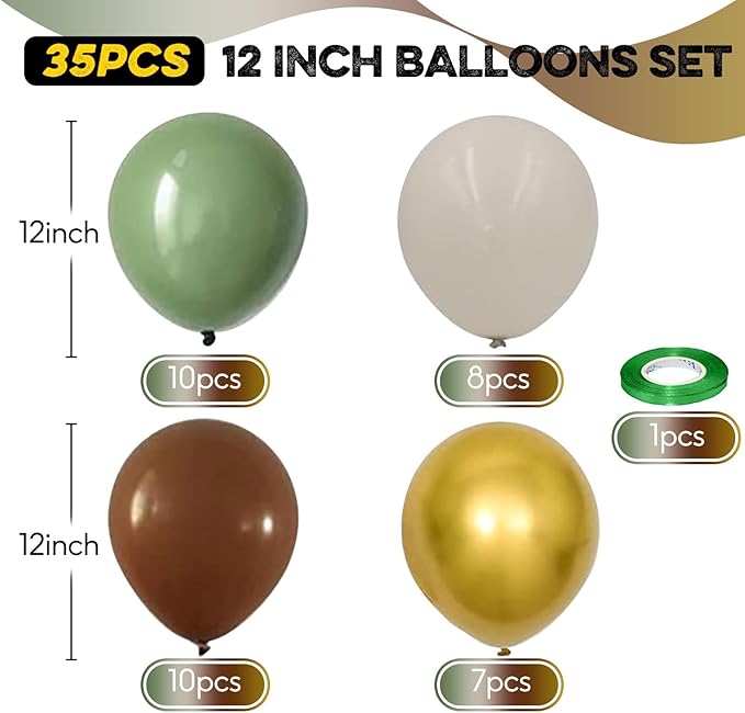Sage Green and Brown Balloons, 12Inch Olive Green Gold and Brown Latex Balloon, Safari Jungle Coffee White Sagegreen Balloons for Woodland Animal Theme Kids Birthdays Hunting Zoo Party Decorations