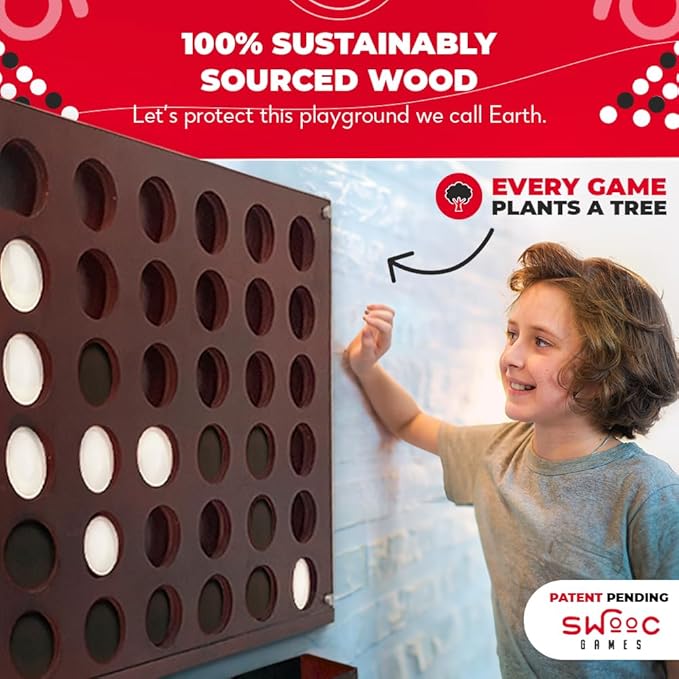 Swooc Games® - Wall Mounted Giant 4 in A Row - 60% Quieter - Jumbo Size Wall Games - Game Room Game, Accessories and Decor - Garage and Basement Decor - Large Connect - Four in a Row for Kids & Adults
