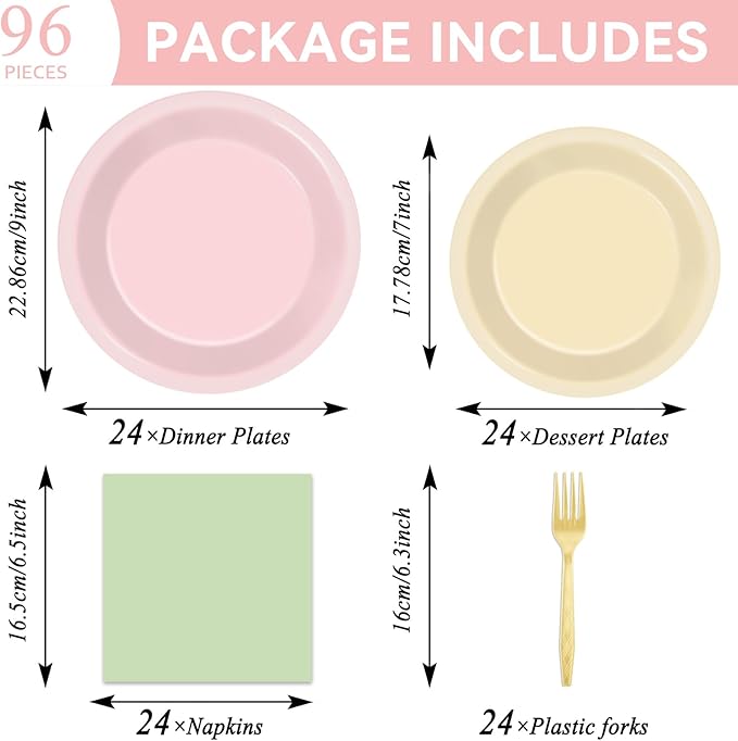 96Pcs Pink and Sage Green Birthday Party Decorations Olive Dusty Pink Metallic Gold Nude Paper Plates and Napkins Boho Tablewares for Girl Birthday Baby Shower Bachelorette Party Supplies 24 Guest