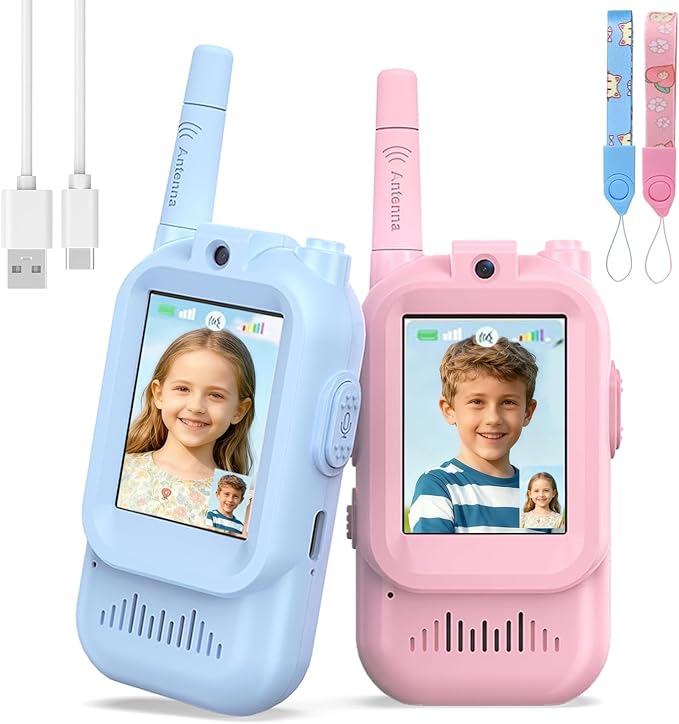 Video Walkie Talkies for Kids Rechargeable, 2 Pack Camera with Screen, Long Range Voice Changer Intercom Toys for Boys Girls 3-12, Outdoor Camping Hiking Christmas Birthday Gifts (Blue+Pink)