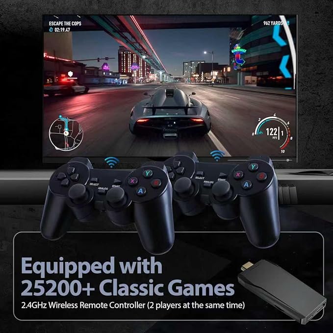 Retro Game Console, Retro Gaming Console, Wireless Retro Game Console, Plug & Play Video TV with 25200+ Built-in Games, 4K HDMI Output, and 2.4GHz Wireless Controller, 9 Classic Emulators (Black)