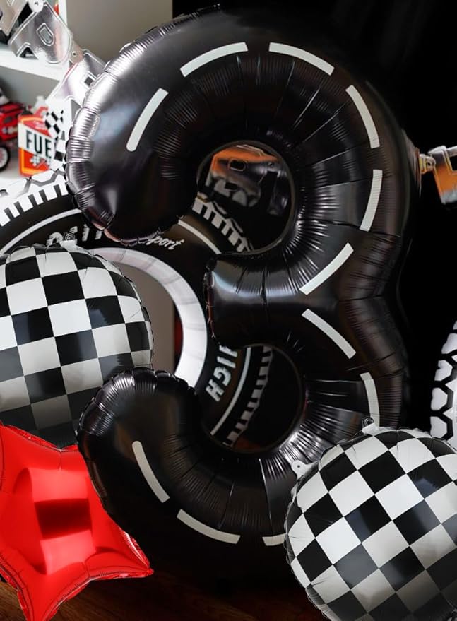 Race Car Birthday Balloons 40 Inch Racetrack Number Balloon 3 Black Boys 3st Birthday Race Car Theme Party Decor Supplies 5 Pcs Mylar Helium Balloon