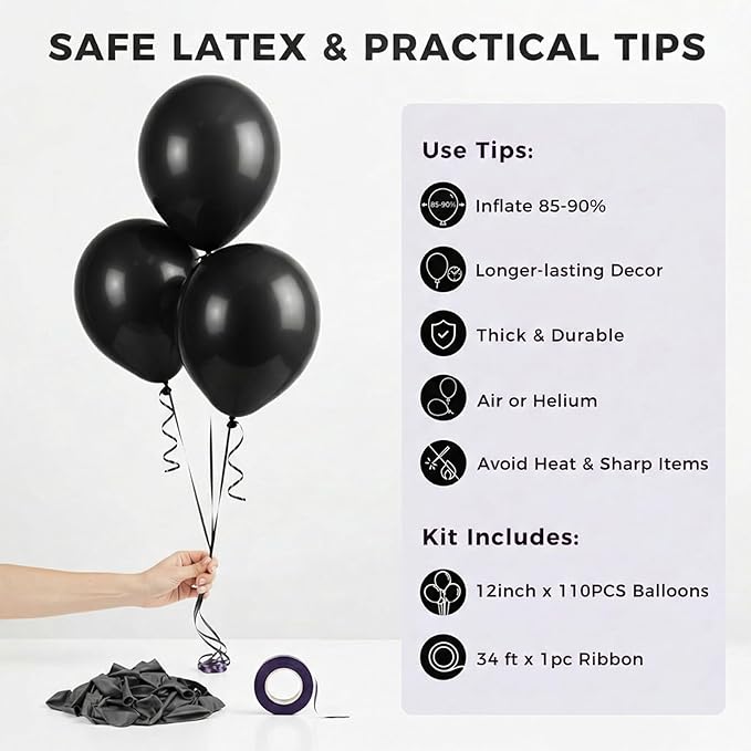 LovesTown 110PCS Black Balloons, Latex Balloon for Birthday Baby Shower Graduation Casino Gaming Anniversary Wedding Black History Month Themed Father's Day Party Supplies Garland Arch,12 Inches
