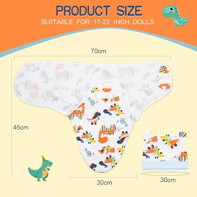 Reborn Baby Doll Clothes Swaddle Blanket Hat (Dinosaur Pattern) for 17-22 inch Reborn Boy Baby Doll Clothing Adjustable Receiving Blankets Gift