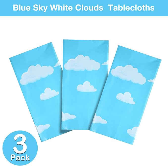 Tatuo Blue Sky White Clouds Birthday Party Supplies Cartoon Story Tablecloth Party Table Cover Cartoon Table Banner for Birthday Decorations, 54 x 108 Inch(3 Pieces)