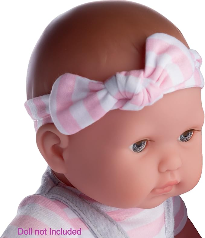 JC Toys | Berenguer Boutique | Baby Doll Outfit | Gray Overall Shorts with Pink Stripes | Includes Headband and Booties | Ages 2+ | Fits Dolls 14"- 16"