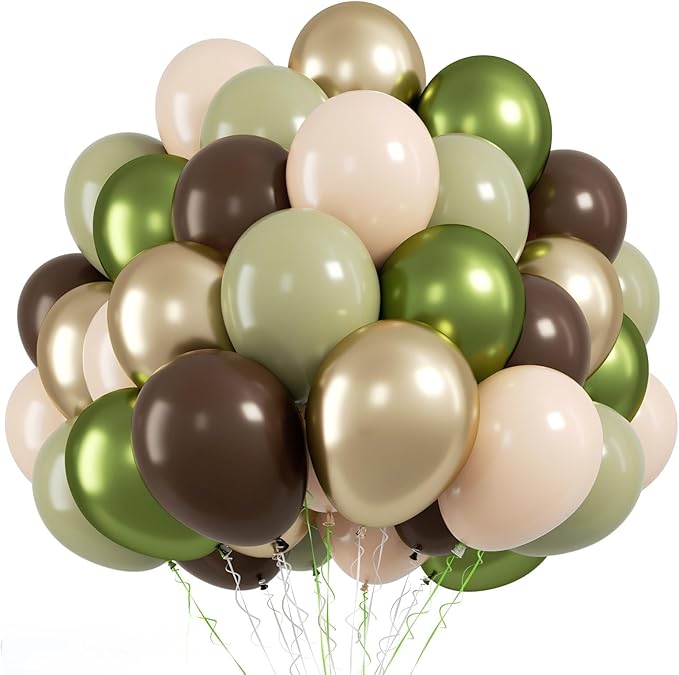 FunHot Sage Green Brown Balloons, 50 Pcs Safari Balloons, Metallic Green Apricot Latex Balloon, 12 Inch Jungle Balloon for Boy Baby Shower Forest Birthday Camo Wild Woodland Party Decorations