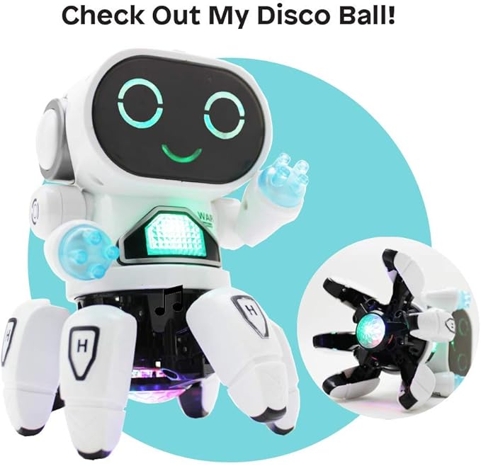 Boley Pioneer Dancing Robot in White and Blue - Walking Dancing Electronic Robot Toy for Kids with Disco Flashing Lights and Dance Music - Battery Operated