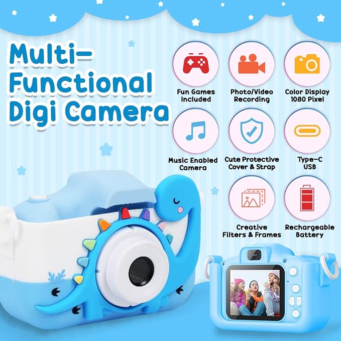 Wembley Kids Camera for Boys & Girls 3–8 Years | Digital Camera for Kids 1080P Selfie Video | Toddler Camera Rechargeable with Games | 32GB Card | Silicone Cover | Dinosaur Birthday Gift - Blue