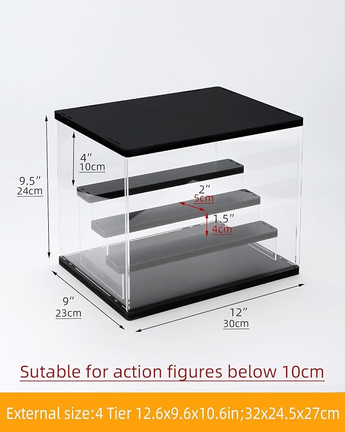 Clear Acrylic Display Case with Light , 4 Tier Display Box Stand Assembly Dustproof Protection Showcase for Collectibles Action Figures (Black 12.6×12.2×11.8in; 32×31×30cm)