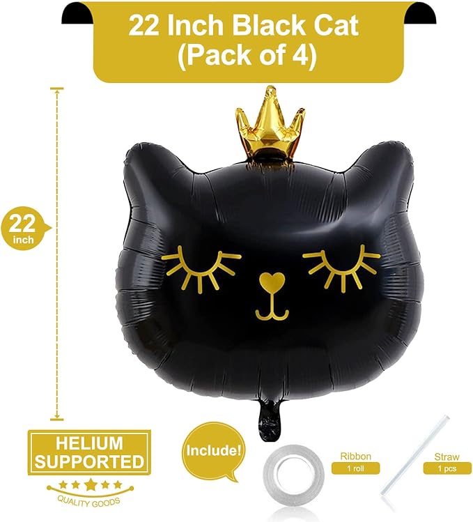 Giant Cat Balloons 22 Inch Adorable Black Crown Kitty White Cat Balloons for Kitten Pet Cat Theme Birthday Party Decorations