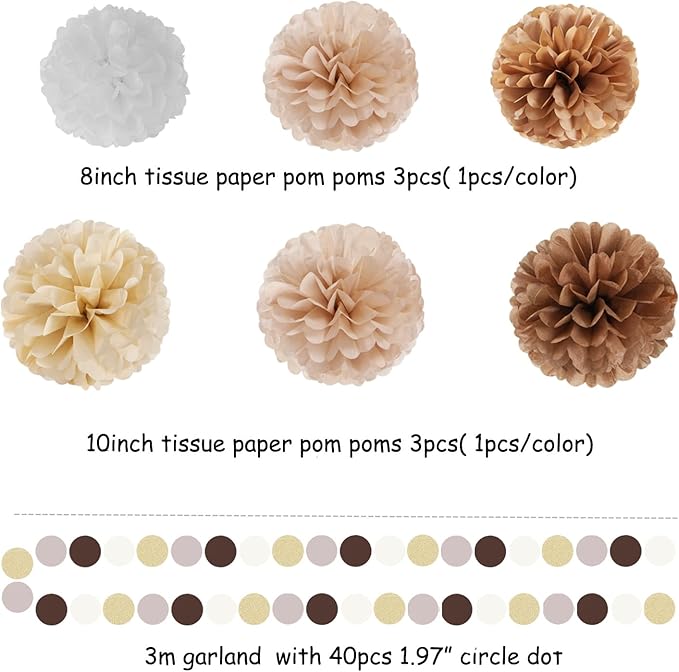 Boho Baby-Shower White-Brown Champagne Party-Decorations - 28pcs Neutral Birthday Wedding Bridal Tissue Pom Poms Streamers, Fall Autumn Tassel Garland Banner, Engagement Christmas Decor Ouruola