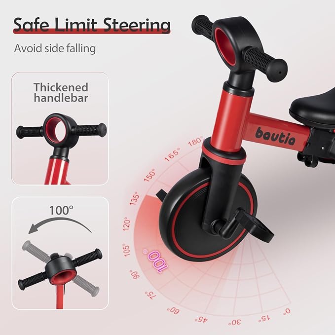 Kids Tricycle for Toddlers 1-3 with Push Handle, 5 in 1 Baby Balance Bike Toy for 1-4 Years Old Boys Girls Gift with Removable Pedals, Red (No Parent Steering Version)