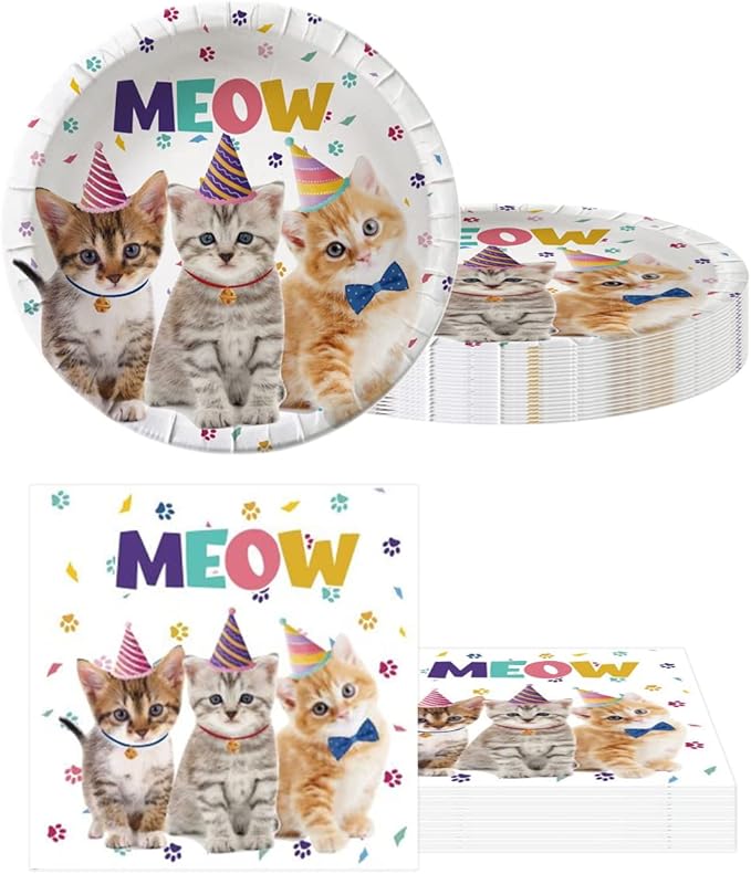Cat Party Supplies Tableware ,20 Plates and 20 Napkins and Tablecloth71 '' x 42 '',Kids Cat Birthday Theme Party Decorate Supplies