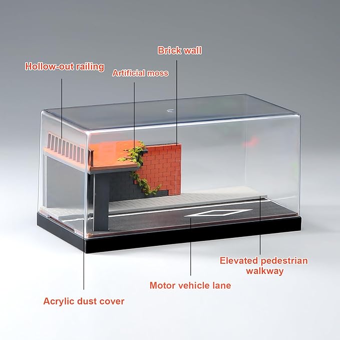 1/64 Model Car Display Case Diorama Garage,Simulated Parking Lot Model Miniature Scene Parking Lot PVC Assembly with Light Parking Space Model Display Frame Toy Display Box (Highway Scene Garage)