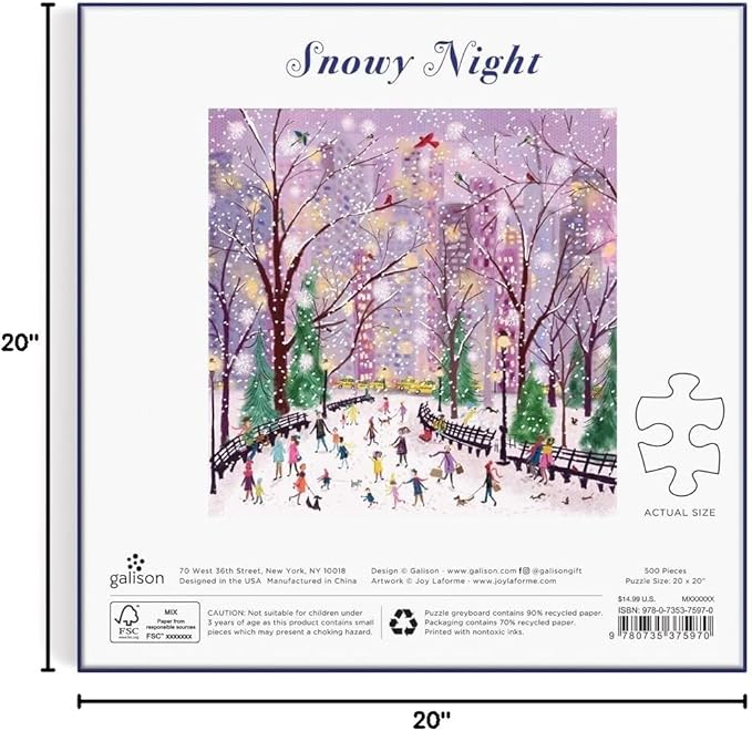 Galison Snowy Night 500 Piece Puzzle from Galison - 20" x 20" Winter Themed Puzzle That is Perfect for The Holidays, Beautiful Artwork, Thick and Sturdy Pieces, Makes a Wonderful Gift!