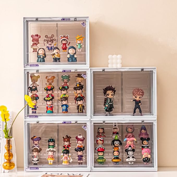 Clear Display Case for Figures, 3 Tier Adjustable Display Stand, Acrylic Display Box with Magnetic Door, Dustproof Showcase for Collectibles Mini Funko Pop Popmart Action Figures (Ivory-2 Pack)
