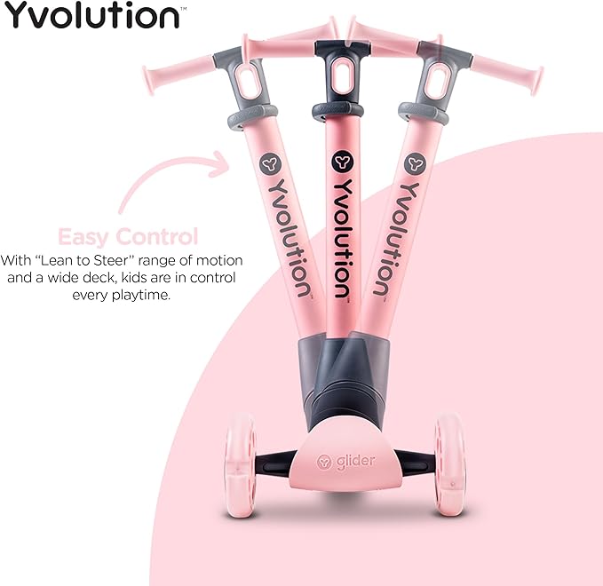 Yvolution Y Glider Nua 3-Wheel Kids Scooter – Adjustable Height, Arc-Folding Handlebar, LED Light-Up Front Wheels, Extra-Wide Deck, Ages 3-10