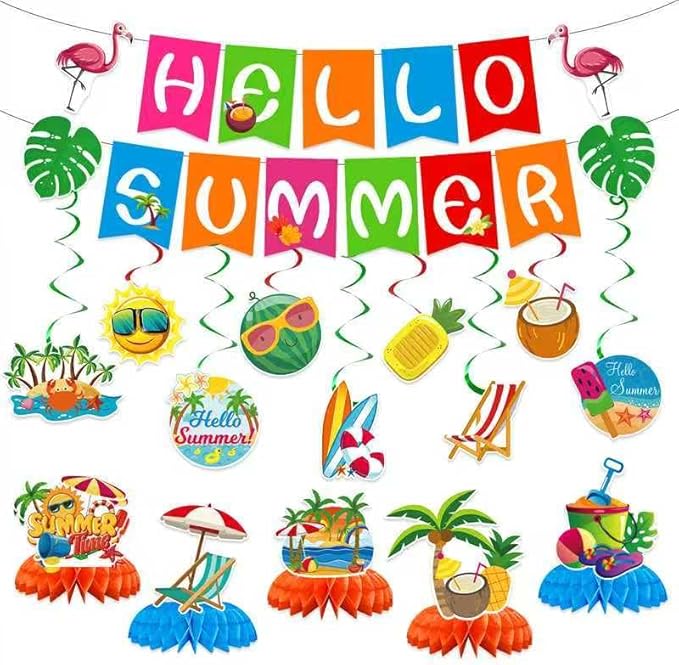 Summer Party Decorations, Hello Summer Banner Hanging Swirls and Honeycomb Centerpieces Beach Pool Party Decorations, Summer Pool Holiday Birthday Party Supplies