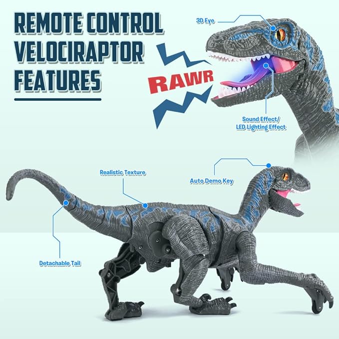 Mini Tudou Large Remote Control Dinosaur Toys 17.7",Electronic Walking Velociraptor with Lights and Sounds,2.4G Dinosaur Robot Toys Powered by Rechargeable Battery,RC Toy for Kids Boys Girls