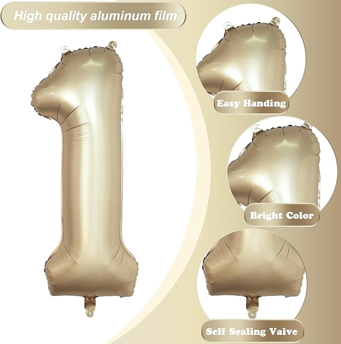 40 Inch Gold Number 1 Balloon for 1st Birthday Decoration, Metallic Light Gold Mylar Foil Number Balloons 0-9 for Boys Girls, Champagne One Helium Balloons for Women Men 1st Anniversary Party Supplies
