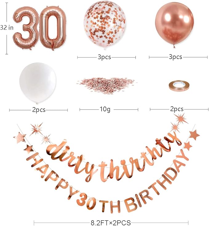 Rose Gold Dirty Thirty Happy 30th Birthday Banner Garland Foil Balloon 30 for Womens 30th Birthday Decorations Hanging Dirty Thirty 30 Year Old 30 Fabulous Birthday Party Supplies Backdrop for Her