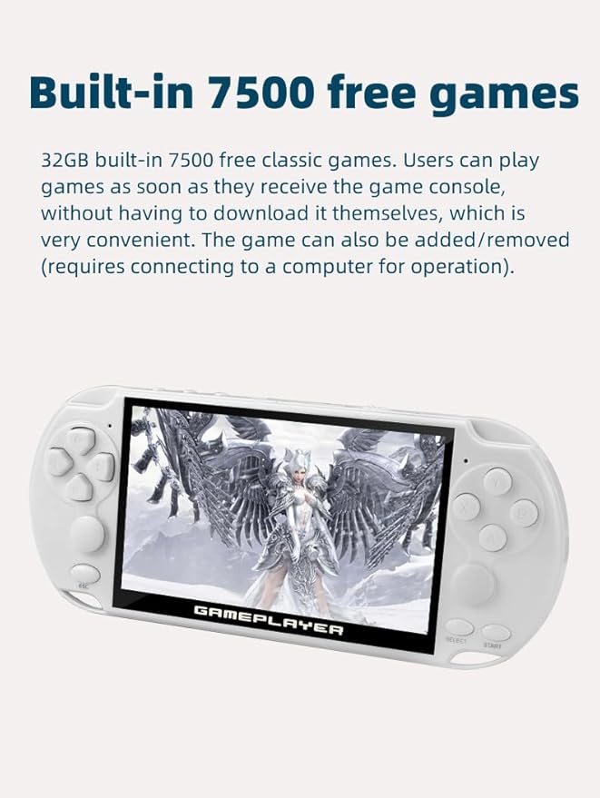 JXD Multifunctional Video Game Console 5.1 inch 7500 Free Retro Games Handheld Game Console Portable Pocket Children's Game Player Mini Arcade Emulator Device mp3/4 Holiday(White)