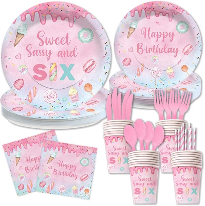 Lofaris Sweet Sassy and Six Birthday Party Supplies Serves 24 - 192Pcs Donut Tableware Set - Candy Dessert Theme Decorations Plates Napkins Cups for Girls