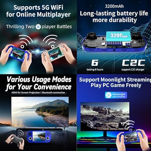 RG40XX H Retro Handheld Game Console RG40XXH Portable Gaming Console with 4'' IPS Screen Linux System Built-in 64G TF Card Preloaded Games 5000+ RG40XX H Supports 5G WiFi Bluetooth 4.2 Blue
