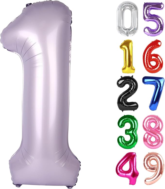 Lilac Number 1 Balloon 40 Inch, 1st Birthday Balloon for Baby Boy Girl Toddler First Birthday Decorations, Shiny Lilac Party Supplies