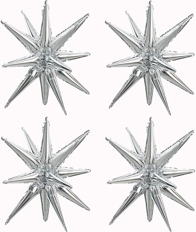 TONIFUL 4 Pcs 22inch 4D Huge Silver Star Balloons Explosion Star Mylar Foil Balloons for Party Supplies Backdrop Christmas,New Year,Birthday, Wedding,Photo Booth Ornament