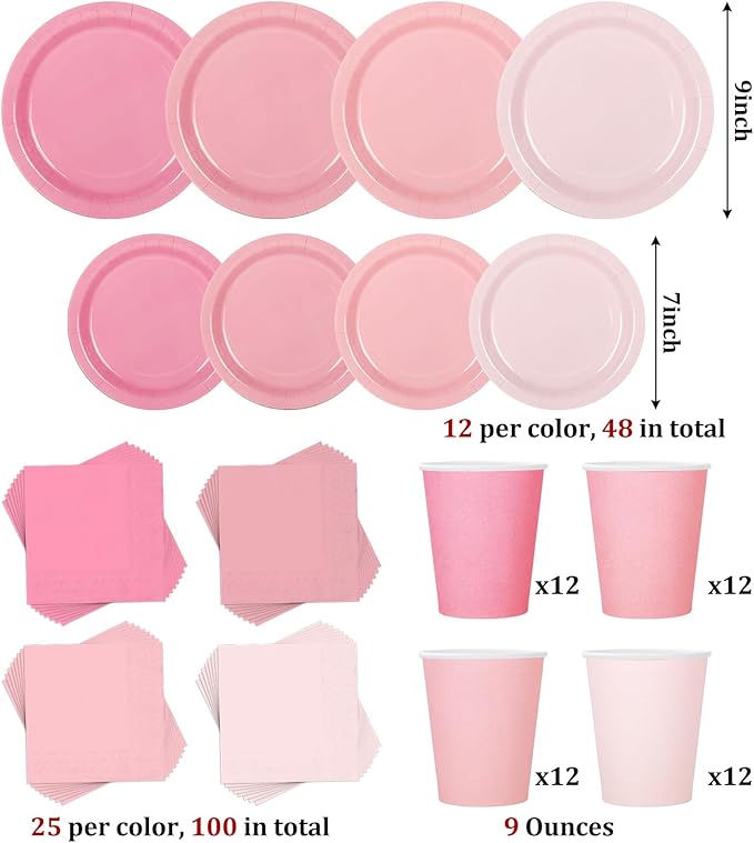 Whaline 244Pcs Pink Tableware Set Serves 48 Gradient Pink Disposable Dinnerware 48 9" Plates 48 7" Plate 48 9oz Cups 100 Napkins for Wedding Birthday Party Supplies