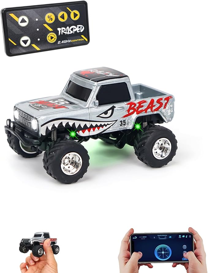 1:64 Grey RC Cars for Kids Toys, 2.4Ghz Remote and APP Control, Mini Alloy Truck Car with Cool Light and USB-C Recharging, Speed Adjustable Steering Easy to Operate, Gift for Children, Boys, Girls