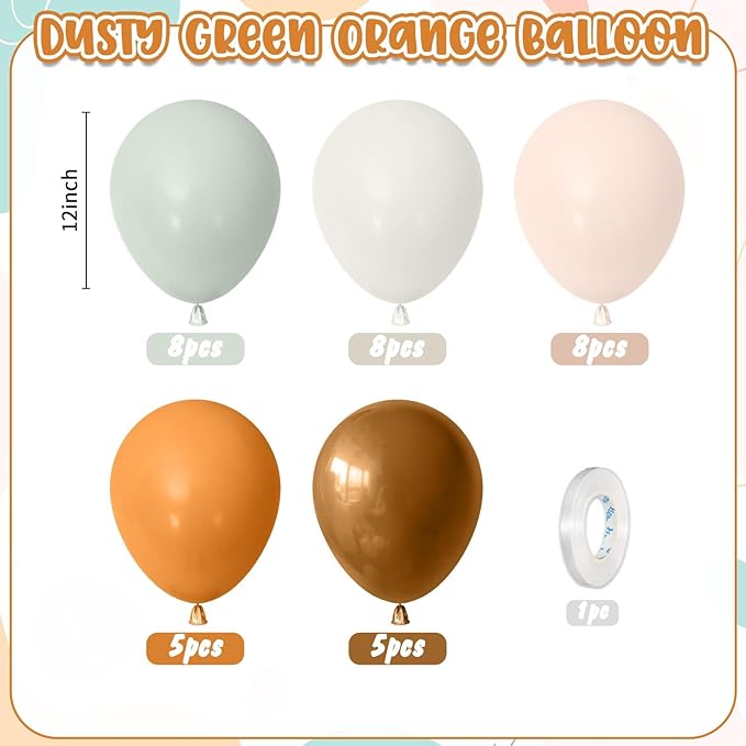 Dusty Green Orange Balloon,Brown Nude Jungle Safari Wild Woodland Balloon, Olive Green Orange Cream Balloons for Neutral Baby Shower Bridal Shower Gender Reveal Birthday Fall Party Decorations