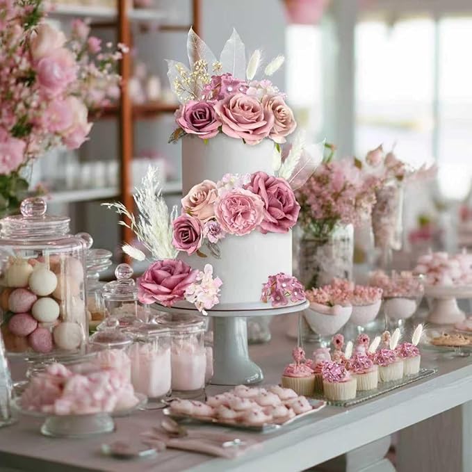 33 PCS Boho Cake Topper Decorations Vintage Artificial Rose Flowers Leaves Various Dried Pampas Grass for Cake Decorating Kit for Wedding Bridal Birthday Party Supplies