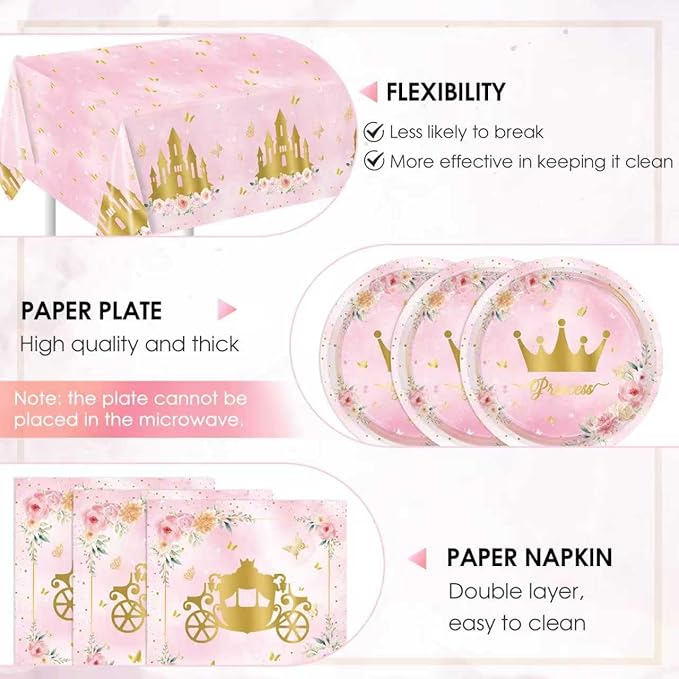 41PCS Princess Birthday Party Decorations,Pink Floral Castle Princess Birthday Themed Tableware Set Includes Paper Plates and Napkins,Tablecloth for Princess Party Supplies,Serves 20