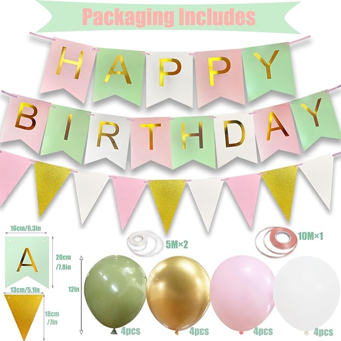 Happy Birthday Banner, Happy Birthday Decorations for Girls, 16 Pcs 12in Balloons with Banner Bunting and 3 Ribbons for Men Women Girls and Boys Birthday Party Decorations(Green Pink)