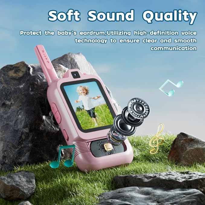 Video Walkie Talkies for Kids 2 Pack with Dual Camera, 2.0” Screen, Voice Chat & Photo Capture – 150–500m Range, Fun Voice Effects, Auto Pairing, 650mAh Rechargeable Battery