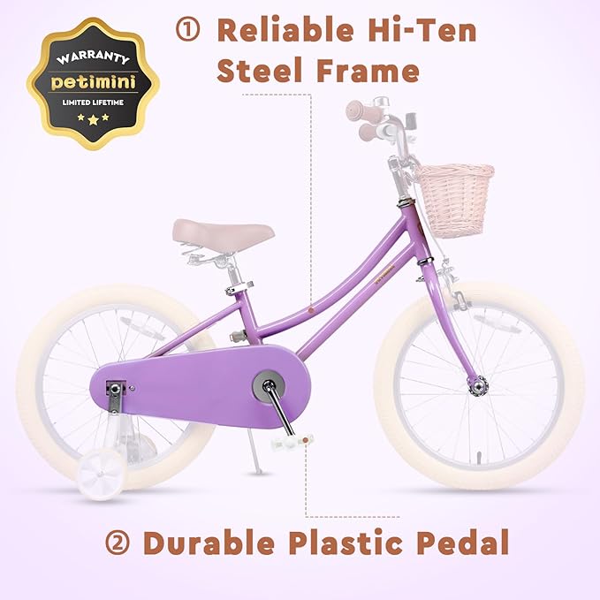Petimini Vintage Kids Bike for Girls, 12–20 Inch Classic Bicycle with Wicker Basket & Bell, High Tensile Steel Frame, Training Wheels (12–18”), 85% Pre-Assembled, Retro Bike for Outdoor Riding