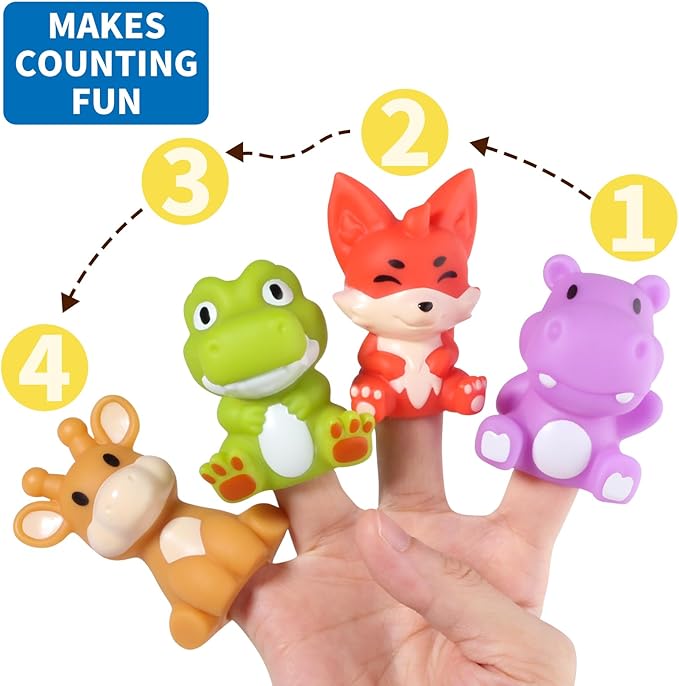 Oriate Zoo Animals Finger Puppets, 10PCS Infant Jungle Animals Finger Bath Pool Toys, Puppet Theater Storage Bags incl, 12m+ Toddler Travel Toys Valentines Gifts Easter Eggs Basket Stuffers
