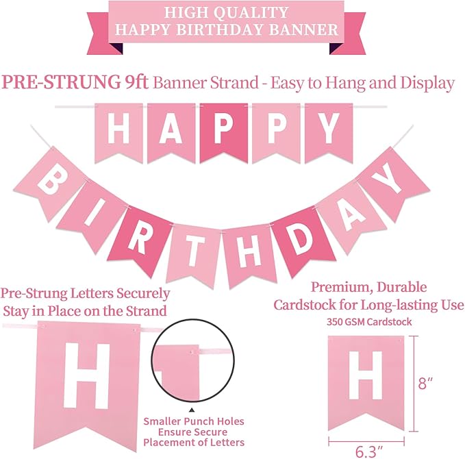 Pink Birthday Decorations Kit - 16-Piece Set with Pre-Strung Happy Birthday Banner, Honeycomb Balls, Garland & Swirls | Pink Theme Party Supplies for Women Girls Kids, Teens Adults