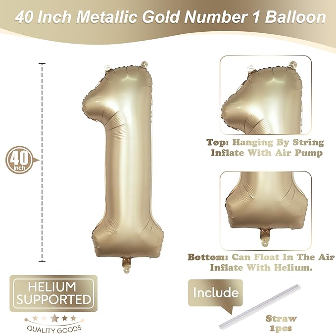 40 Inch Gold Number 1 Balloon for 1st Birthday Decoration, Metallic Light Gold Mylar Foil Number Balloons 0-9 for Boys Girls, Champagne One Helium Balloons for Women Men 1st Anniversary Party Supplies