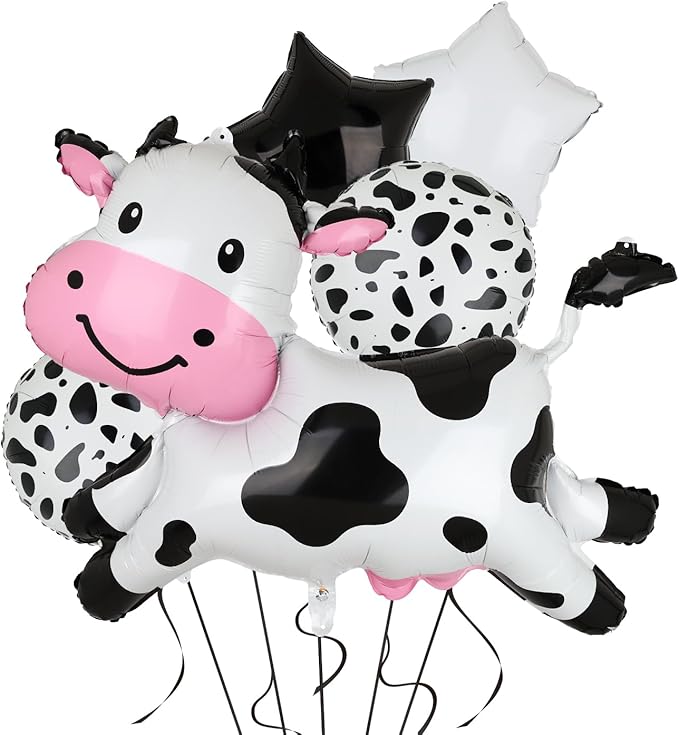 Big Cow Foil Balloons Giant Cow Shape Mylar Balloon Baby Shower Girl Boy One 1st 2nd Birthday Decoration Barnyard Farm Animal Western Cowboy Theme Party Decor Supplies 5 Pcs