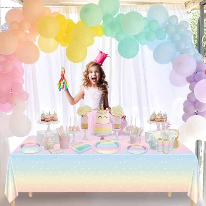 Pastel Rainbow Birthday Party Supplies, Includes Happy Birthday Banner, Tablecloth, Plates, Napkins, Cups, Knives, Forks, Spoons, Straws for Girls Birthday Party Decorations, Serves 20 Guests