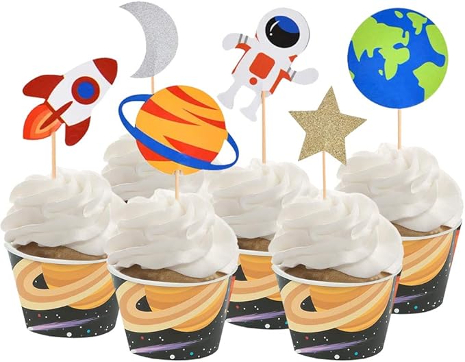 30pcs Outer Space Cupcake Toppers, Planet Party Supplies - Birthday Decorations, Rocket, Astronaut, Spaceship Themed Kids Children Party Supplies