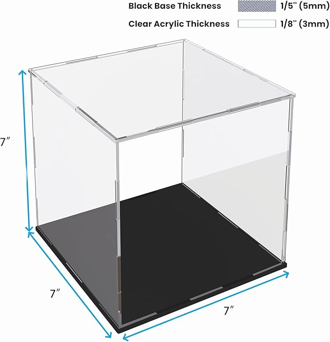 Acrylic Display Case for Collectibles and Toys, Versatile Clear Acrylic Display Box with Black Base for Showcase and Displaying, 7x7x7-inch